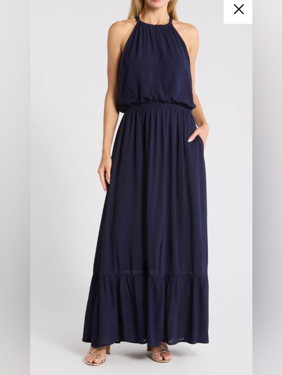 Fraiche By J Ruffled Halter Neck Tiered Maxi Dress In Solid Navy Blue